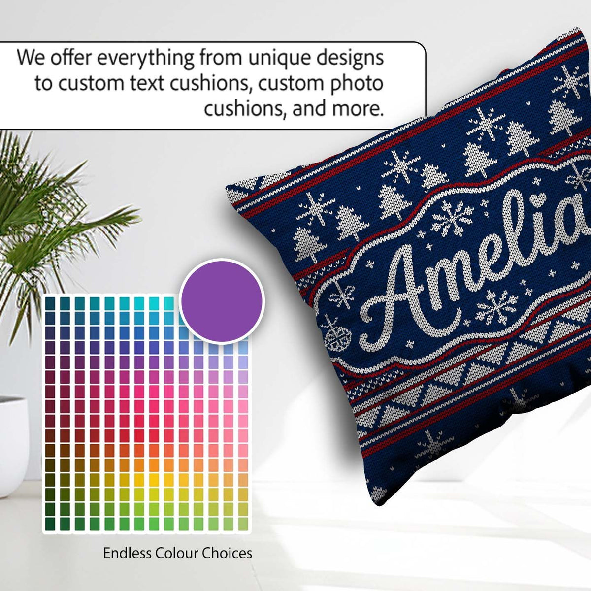 Custom Name Blue Nordic Ornament Winter Knitted Seamless Pattern Square Filled Cushion Throw Pillow Sofa Bed Home Decor Zip Washable UK Made