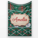 Cute Green Nordic Llama Alpaca Winter Christmas Knitted Seamless  Personalised Custom Name Super Soft Fleece Blanket Bed Sofa Throw