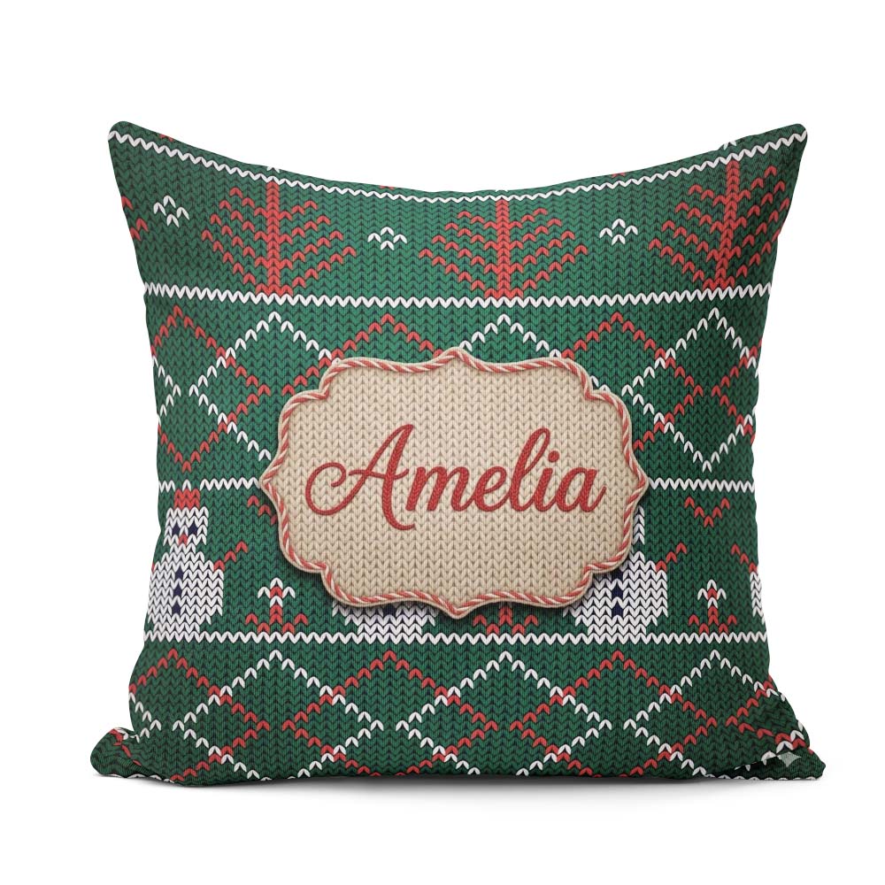 Custom Name Green Nordic Llama Alpaca Christmas Knitted Seamless Square Filled Cushion Throw Pillow Sofa Bed Home Decor Zip Washable UK Made
