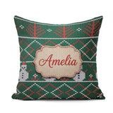 Custom Name Green Nordic Llama Alpaca Christmas Knitted Seamless Square Filled Cushion Throw Pillow Sofa Bed Home Decor Zip Washable UK Made