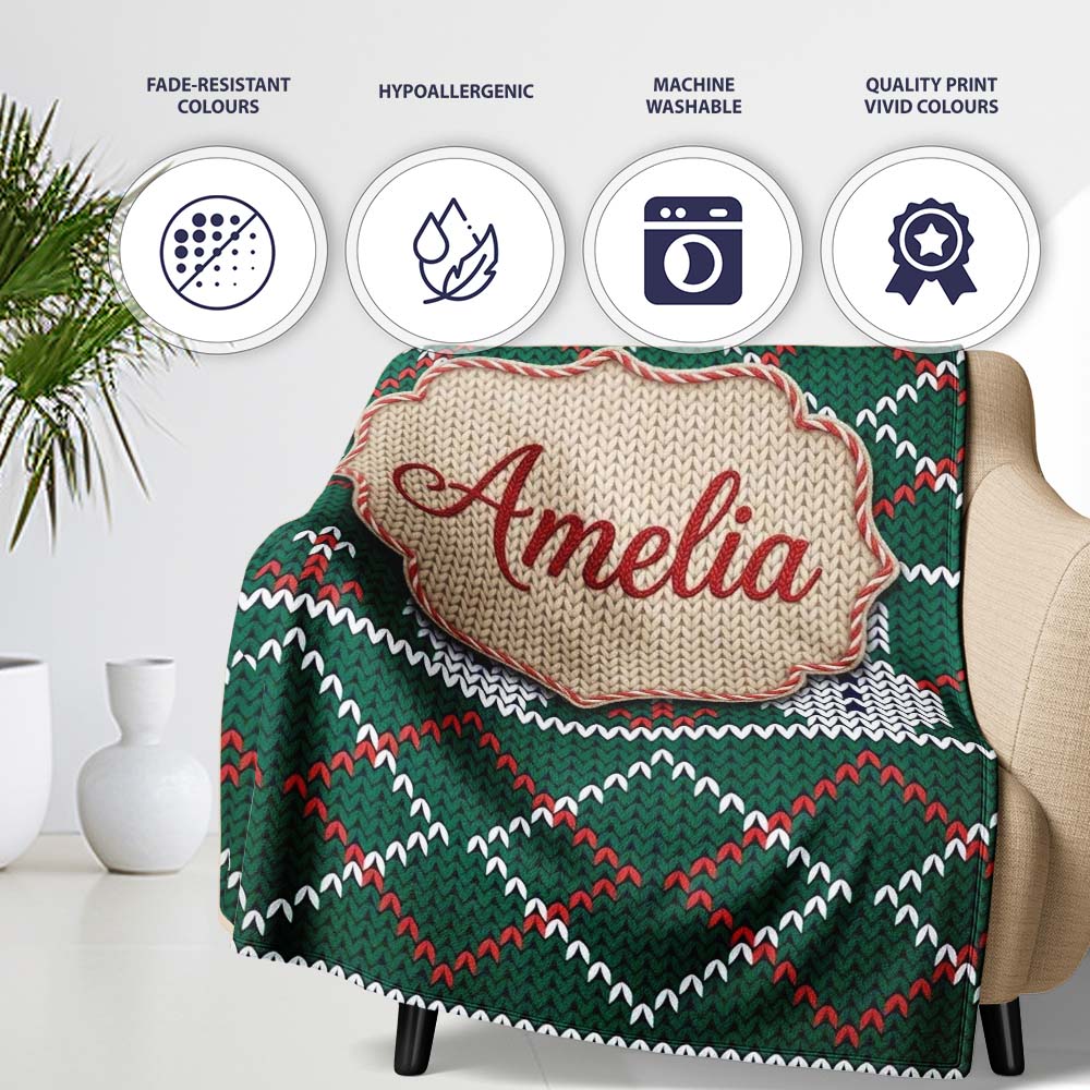 Cute Green Nordic Llama Alpaca Winter Christmas Knitted Seamless  Personalised Custom Name Super Soft Fleece Blanket Bed Sofa Throw