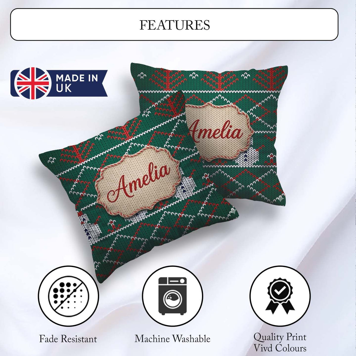 Custom Name Green Nordic Llama Alpaca Christmas Knitted Seamless Square Filled Cushion Throw Pillow Sofa Bed Home Decor Zip Washable UK Made