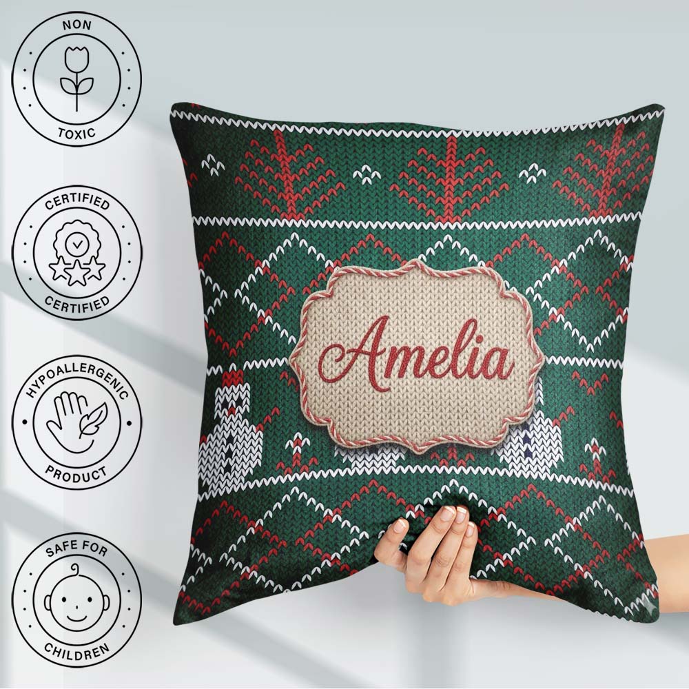 Custom Name Green Nordic Llama Alpaca Christmas Knitted Seamless Square Filled Cushion Throw Pillow Sofa Bed Home Decor Zip Washable UK Made