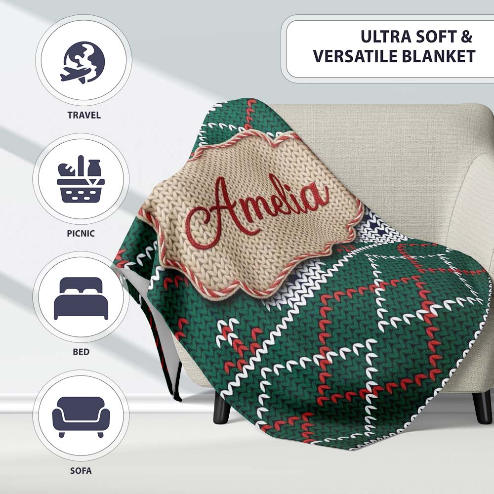 Cute Green Nordic Llama Alpaca Winter Christmas Knitted Seamless  Personalised Custom Name Super Soft Fleece Blanket Bed Sofa Throw