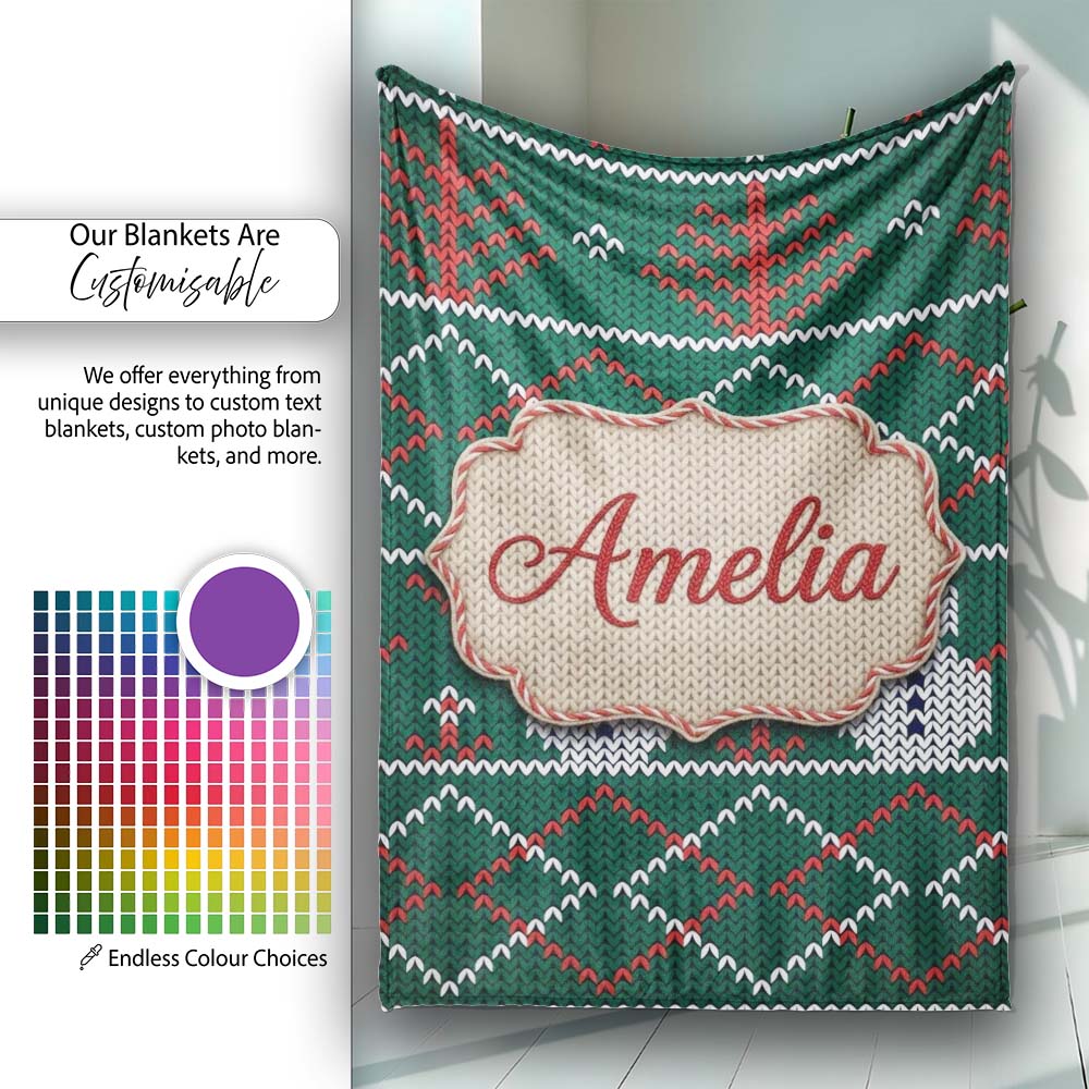 Cute Green Nordic Llama Alpaca Winter Christmas Knitted Seamless  Personalised Custom Name Super Soft Fleece Blanket Bed Sofa Throw