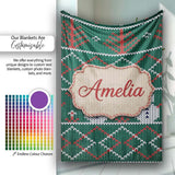 Cute Green Nordic Llama Alpaca Winter Christmas Knitted Seamless  Personalised Custom Name Super Soft Fleece Blanket Bed Sofa Throw