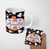Personalized Custom Name Cute Halloween Ghost Bat Candy Pumpkin Seamless Pattern White Lovely 11oz Ceramic Coffee Tea Mug White Large Handle