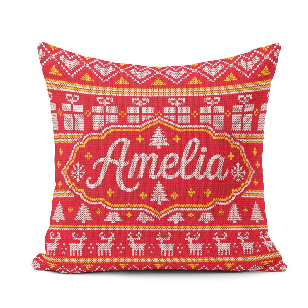 Custom Name Cute Red Christmas Box Tree Festive Knitted Seamless Square Filled Cushion Throw Pillow Sofa Bed Home Decor Zip Washable UK Made