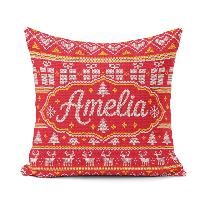 Custom Name Cute Red Christmas Box Tree Festive Knitted Seamless Square Filled Cushion Throw Pillow Sofa Bed Home Decor Zip Washable UK Made