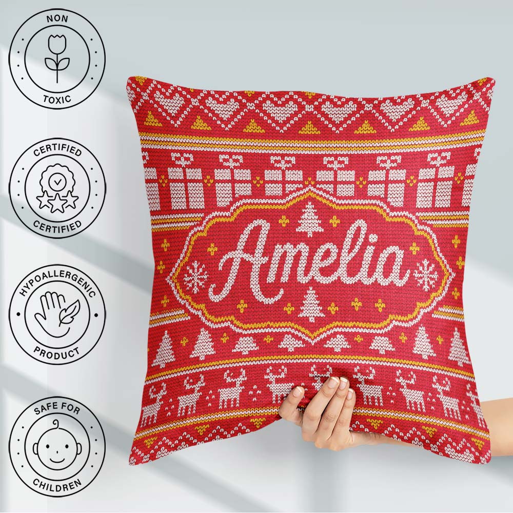 Custom Name Cute Red Christmas Box Tree Festive Knitted Seamless Square Filled Cushion Throw Pillow Sofa Bed Home Decor Zip Washable UK Made
