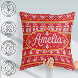 Custom Name Cute Red Christmas Box Tree Festive Knitted Seamless Square Filled Cushion Throw Pillow Sofa Bed Home Decor Zip Washable UK Made