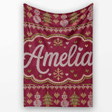 Cute Burgundy Christmas Tree Ornament Nordic Knitted Seamless Lovely  Personalised Custom Name Super Soft Fleece Blanket Bed Sofa Throw