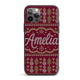 Cute Burgundy Christmas Tree Ornament Nordic Custom Name Protective Phone Case Mobile Cover Durable Everyday Smartphone Shock Resistant