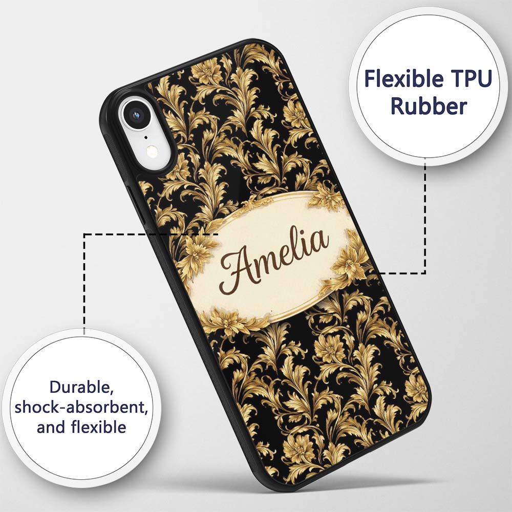 Rich Gold Black Floral Baroque Seamless Luxury Custom Name Protective Phone Case Mobile Cover Durable Everyday Smartphone Shock Resistant
