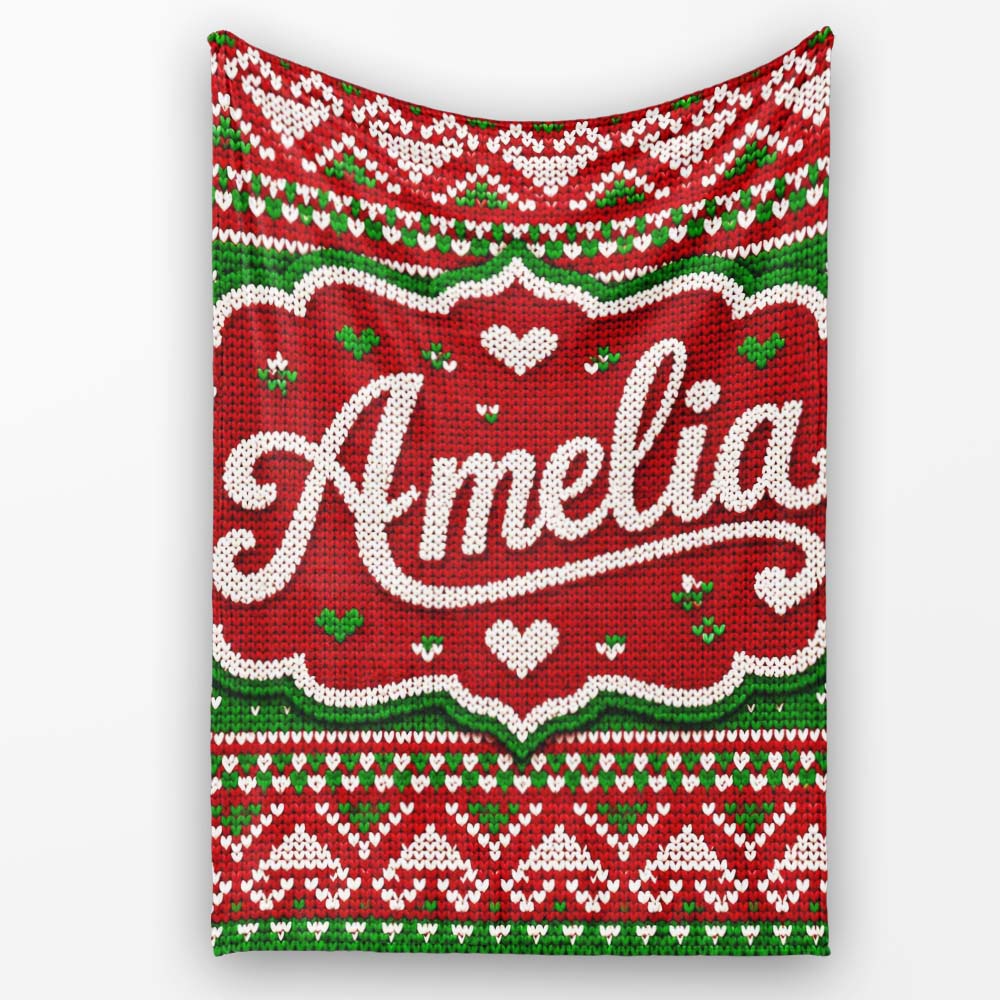 Cute Red Green Classic Nordic Stripe Christmas Knitted Seamless  Personalised Custom Name Super Soft Fleece Blanket Bed Sofa Throw