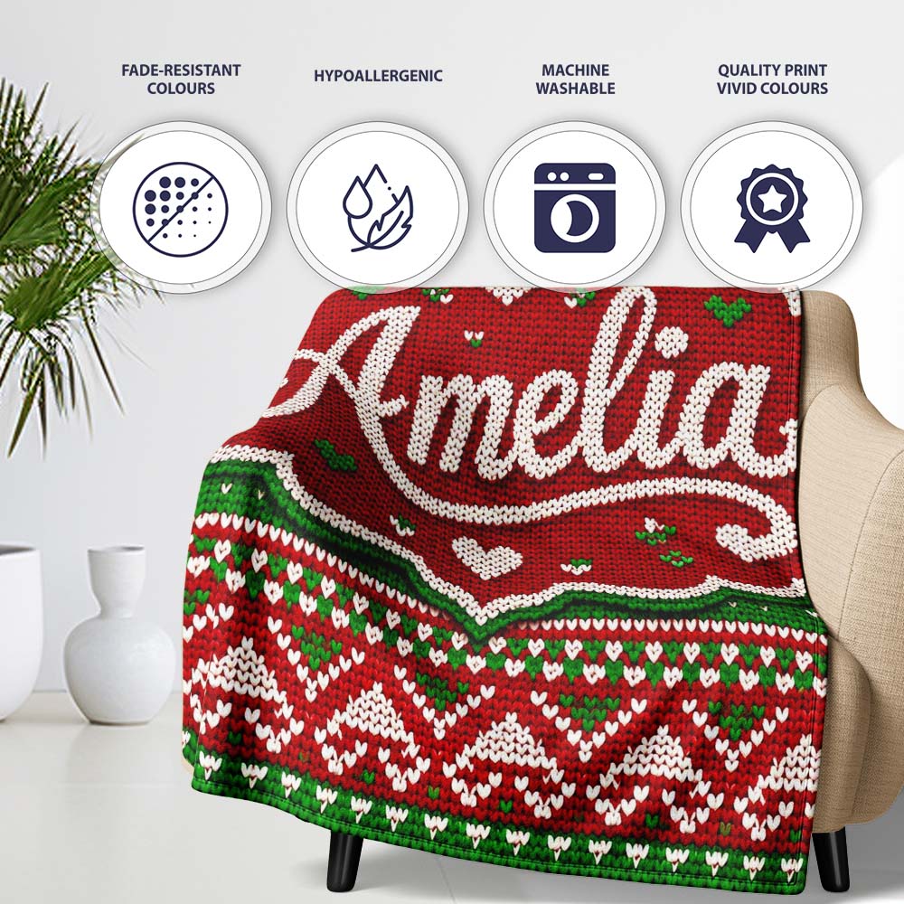 Cute Red Green Classic Nordic Stripe Christmas Knitted Seamless  Personalised Custom Name Super Soft Fleece Blanket Bed Sofa Throw