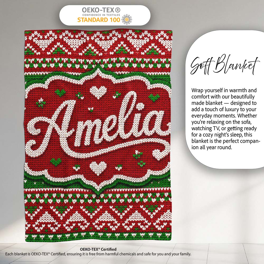 Cute Red Green Classic Nordic Stripe Christmas Knitted Seamless  Personalised Custom Name Super Soft Fleece Blanket Bed Sofa Throw