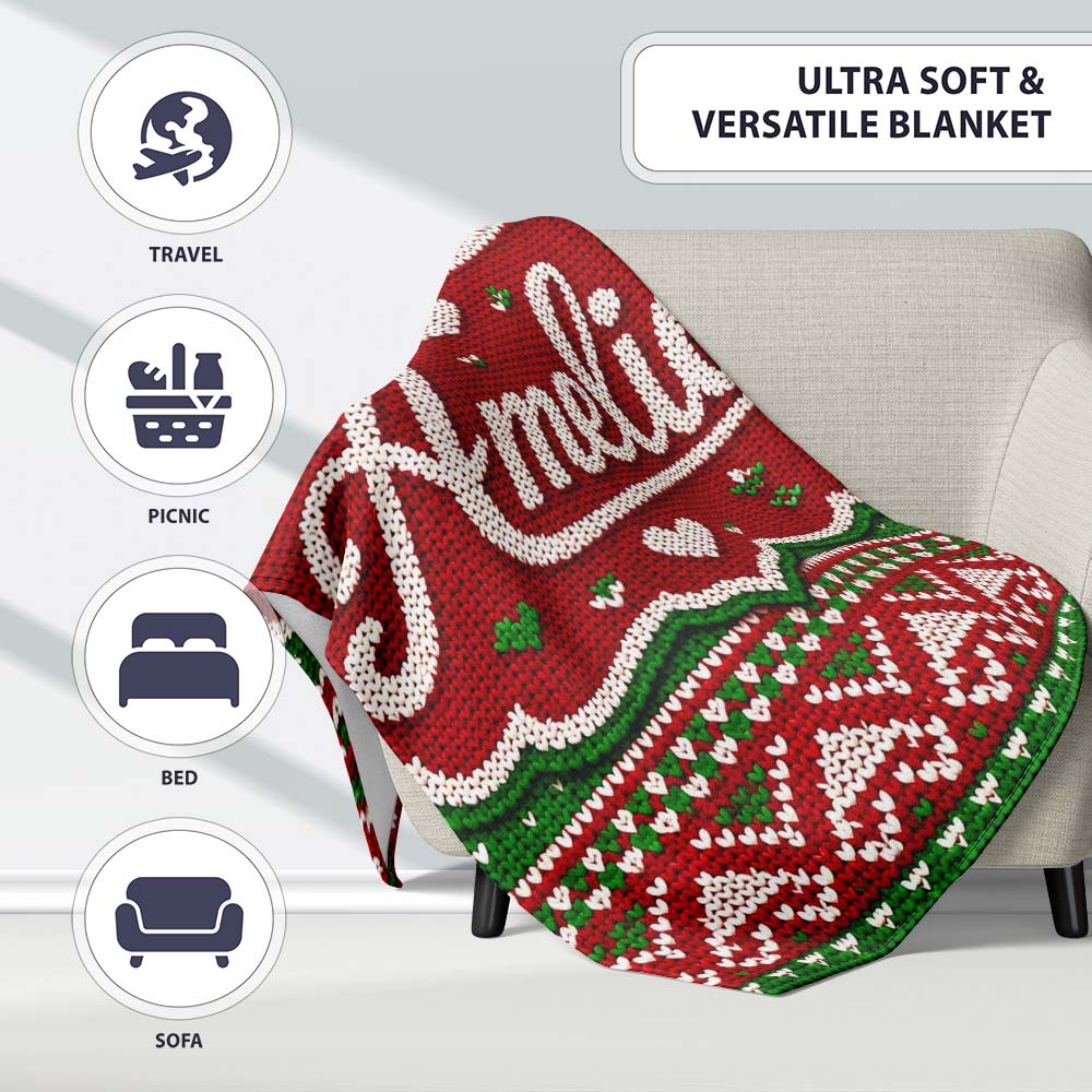Cute Red Green Classic Nordic Stripe Christmas Knitted Seamless  Personalised Custom Name Super Soft Fleece Blanket Bed Sofa Throw