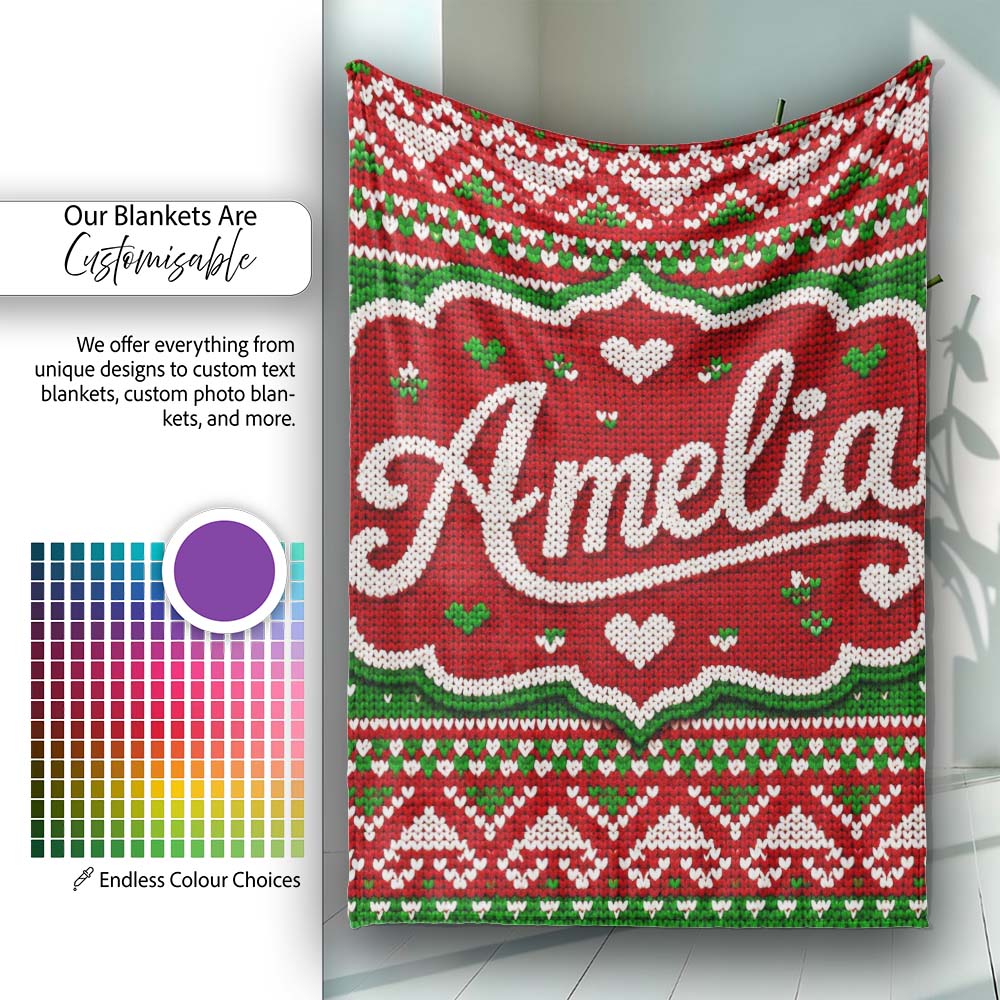 Cute Red Green Classic Nordic Stripe Christmas Knitted Seamless  Personalised Custom Name Super Soft Fleece Blanket Bed Sofa Throw