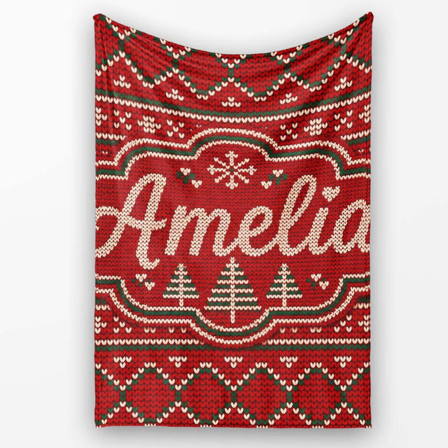 Cute Red Heart Christmas Tree Festive Nordic Knitted Seamless Lovely  Personalised Custom Name Super Soft Fleece Blanket Bed Sofa Throw