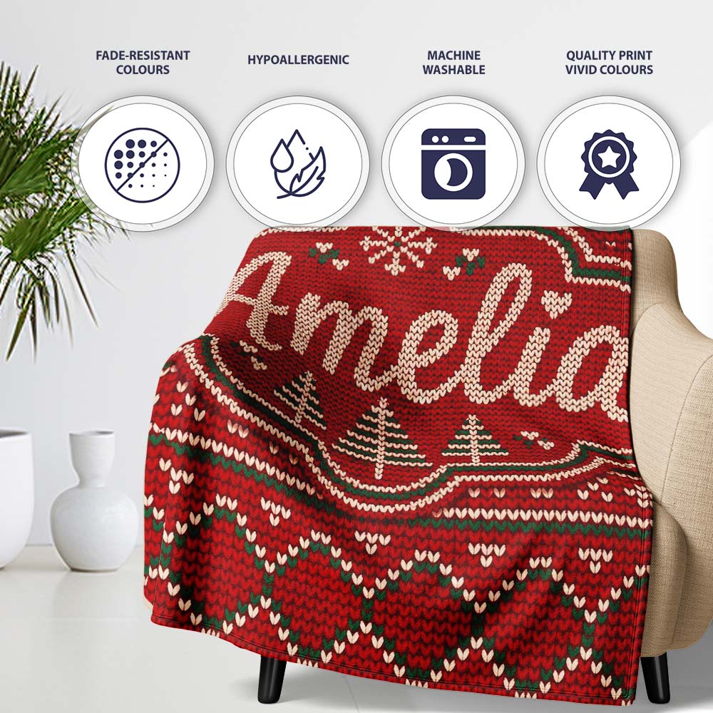 Cute Red Heart Christmas Tree Festive Nordic Knitted Seamless Lovely  Personalised Custom Name Super Soft Fleece Blanket Bed Sofa Throw