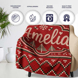Cute Red Heart Christmas Tree Festive Nordic Knitted Seamless Lovely  Personalised Custom Name Super Soft Fleece Blanket Bed Sofa Throw