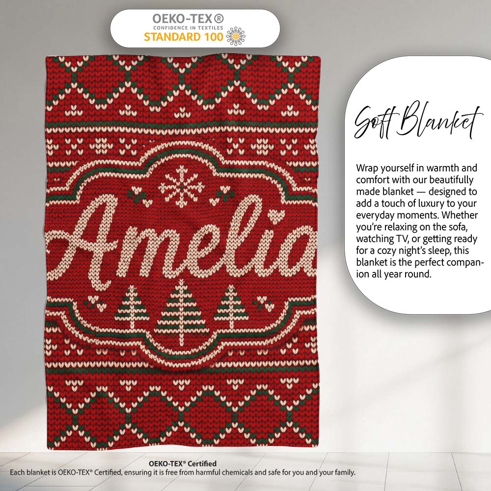 Cute Red Heart Christmas Tree Festive Nordic Knitted Seamless Lovely  Personalised Custom Name Super Soft Fleece Blanket Bed Sofa Throw