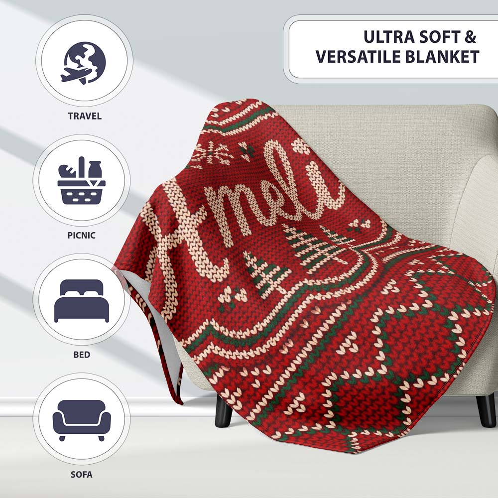 Cute Red Heart Christmas Tree Festive Nordic Knitted Seamless Lovely  Personalised Custom Name Super Soft Fleece Blanket Bed Sofa Throw