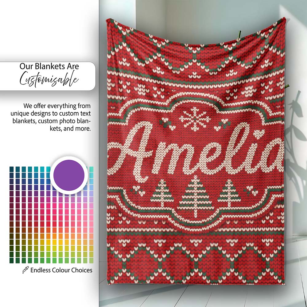 Cute Red Heart Christmas Tree Festive Nordic Knitted Seamless Lovely  Personalised Custom Name Super Soft Fleece Blanket Bed Sofa Throw