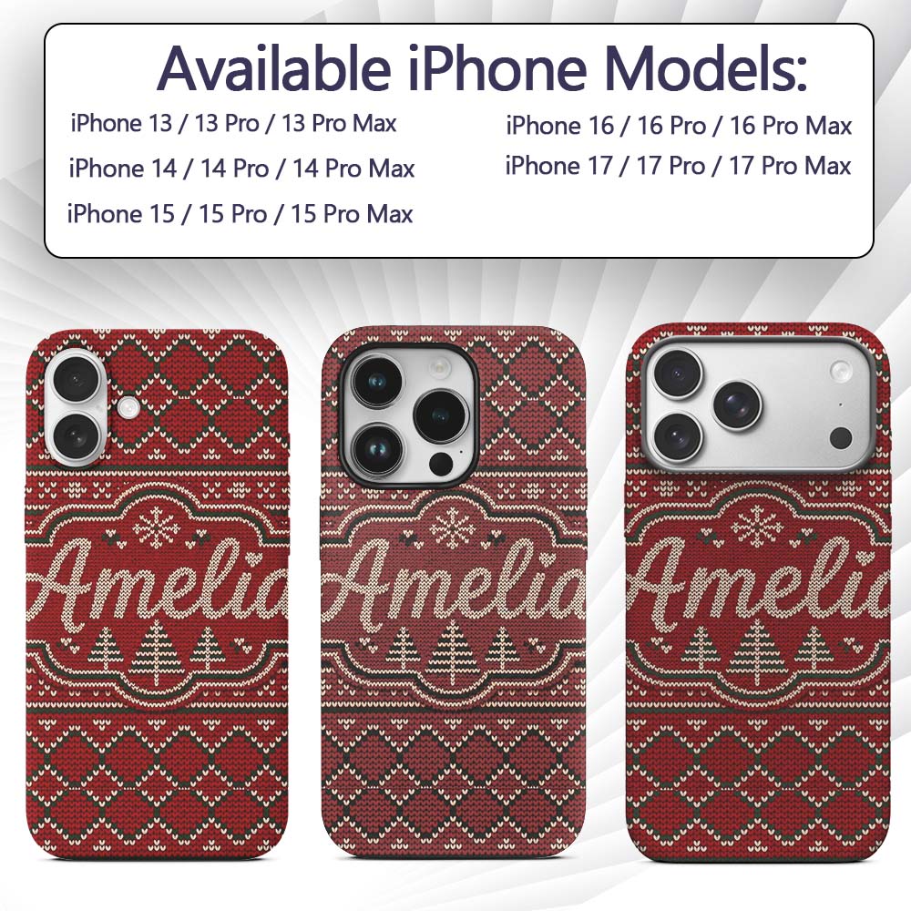 Cute Red Heart Christmas Tree Festive Nordic Custom Name Protective Phone Case Mobile Cover Durable Everyday Smartphone Shock Resistant