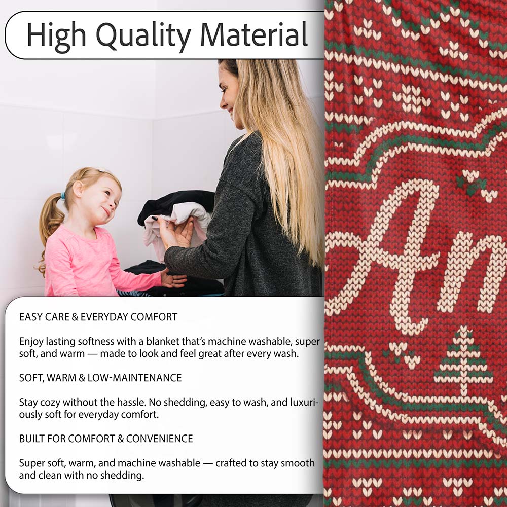 Cute Red Heart Christmas Tree Festive Nordic Knitted Seamless Lovely  Personalised Custom Name Super Soft Fleece Blanket Bed Sofa Throw