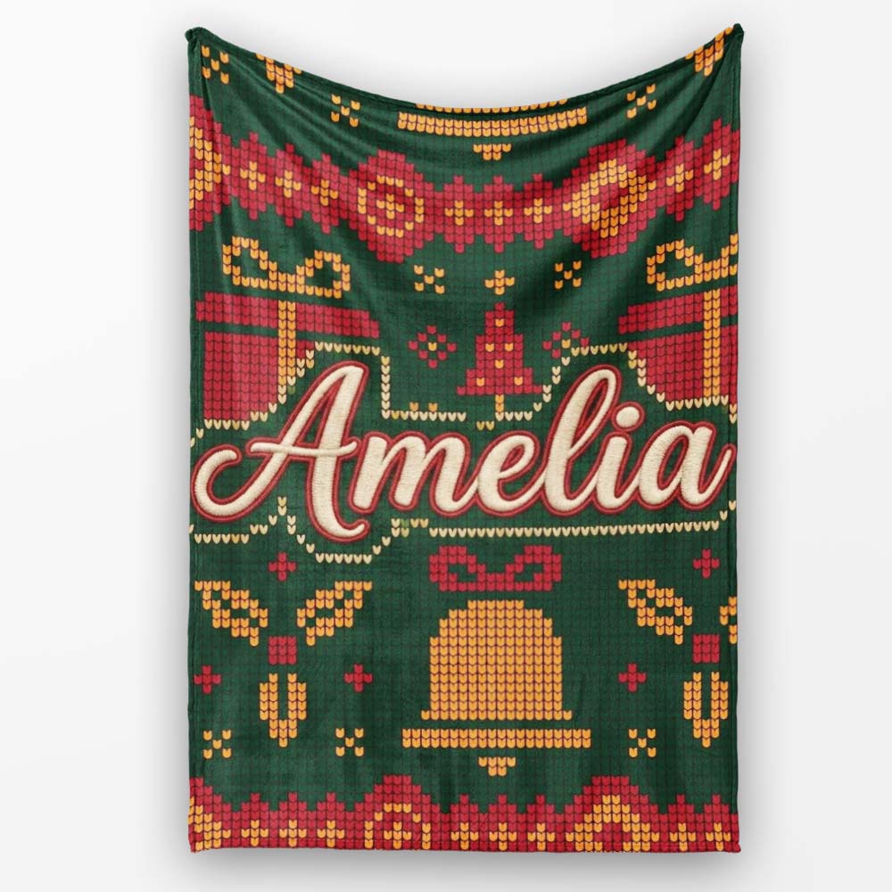 Cute Green Christmas Gift Box Bow Ornament Festive Knitted Seamless  Personalised Custom Name Super Soft Fleece Blanket Bed Sofa Throw