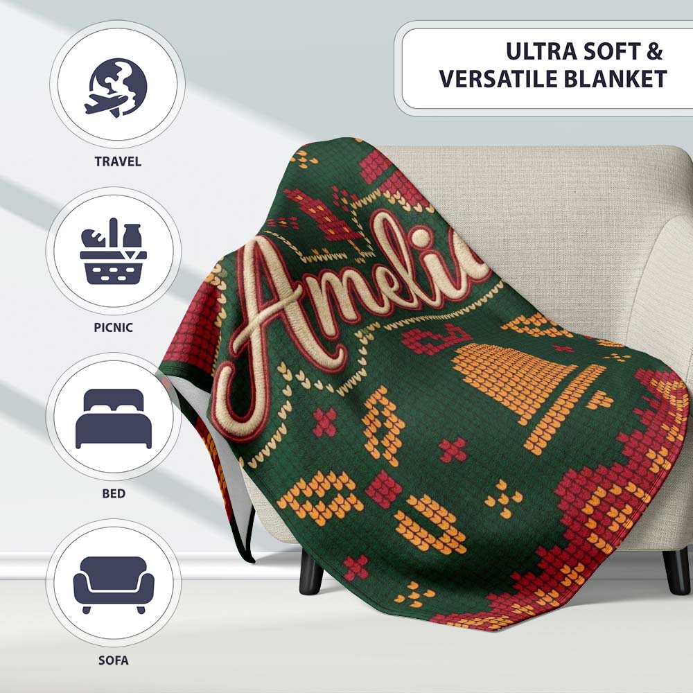 Cute Green Christmas Gift Box Bow Ornament Festive Knitted Seamless  Personalised Custom Name Super Soft Fleece Blanket Bed Sofa Throw