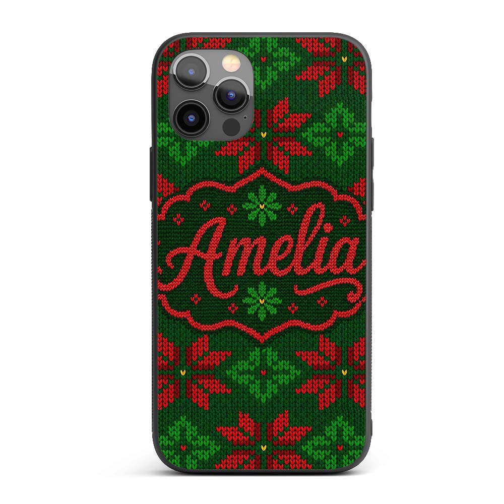 Cute Green Red Nordic Floral Snowflake Winter Custom Name Protective Phone Case Mobile Cover Durable Everyday Smartphone Shock Resistant