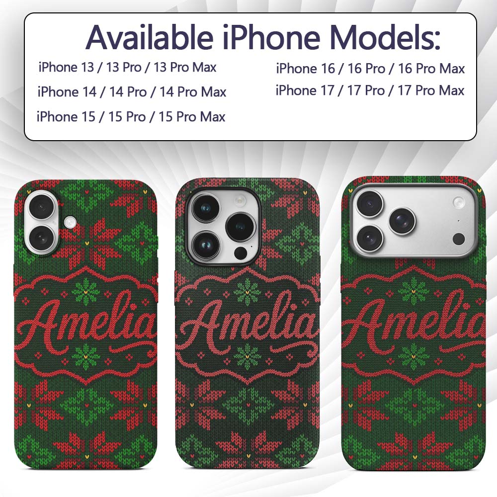 Cute Green Red Nordic Floral Snowflake Winter Custom Name Protective Phone Case Mobile Cover Durable Everyday Smartphone Shock Resistant