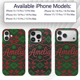 Cute Green Red Nordic Floral Snowflake Winter Custom Name Protective Phone Case Mobile Cover Durable Everyday Smartphone Shock Resistant