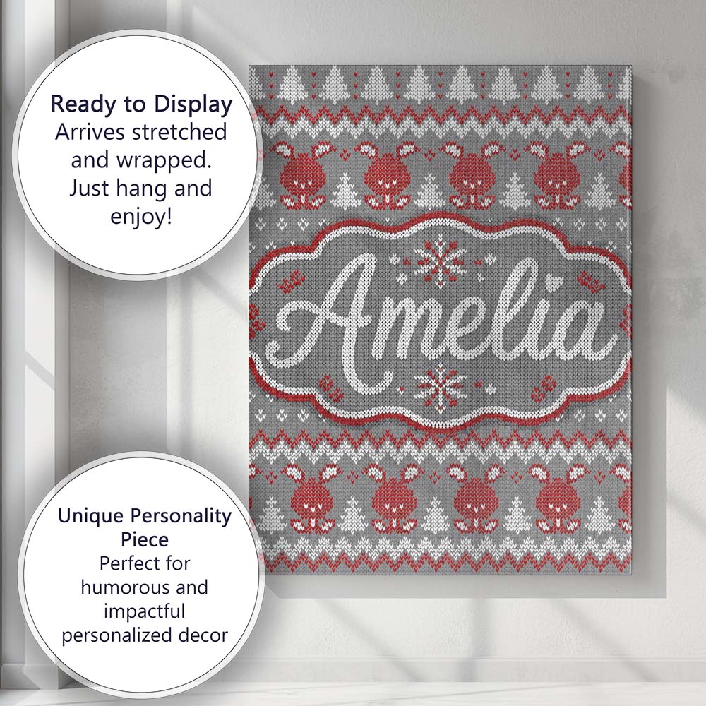 Personalised Name Cute Christmas Bunny Custom  Modern Room Accent Elegant Feature Canvas Wall Art Print Decor Picture Ready to Hang