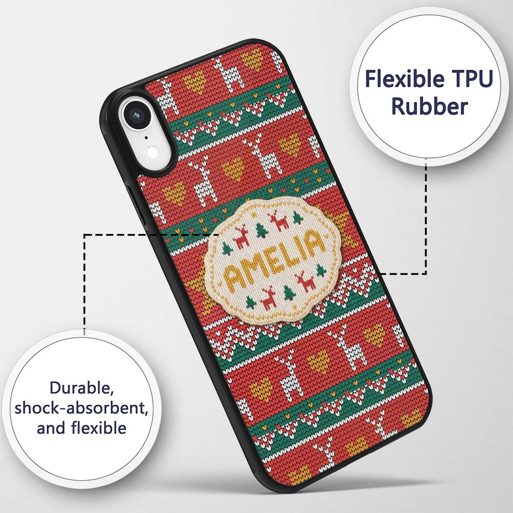 Festive Reindeer Heart Christmas Tree Nordic Knit Custom Name Protective Phone Case Mobile Cover Durable Everyday Smartphone Shock Resistant
