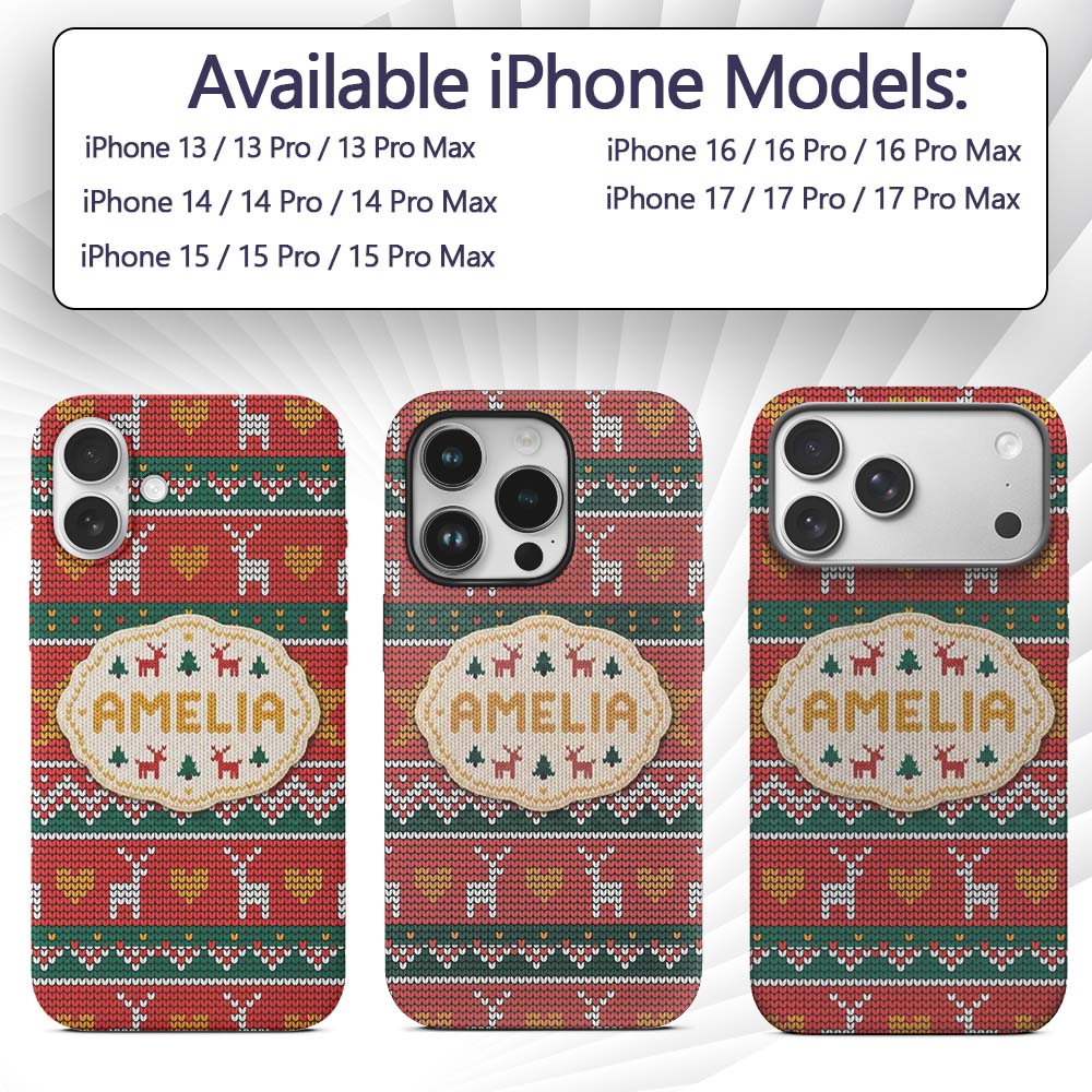 Festive Reindeer Heart Christmas Tree Nordic Knit Custom Name Protective Phone Case Mobile Cover Durable Everyday Smartphone Shock Resistant