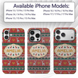 Festive Reindeer Heart Christmas Tree Nordic Knit Custom Name Protective Phone Case Mobile Cover Durable Everyday Smartphone Shock Resistant