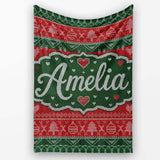 Classic Nordic Christmas Ornament Heart Stripe Knit Seamless Pattern  Personalised Custom Name Super Soft Fleece Blanket Bed Sofa Throw