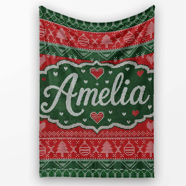 Classic Nordic Christmas Ornament Heart Stripe Knit Seamless Pattern  Personalised Custom Name Super Soft Fleece Blanket Bed Sofa Throw