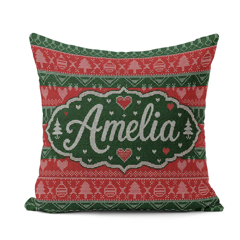 Custom Name Nordic Christmas Ornament Heart Stripe Knit Seamless Square Filled Cushion Throw Pillow Sofa Bed Home Decor Zip Washable UK Made