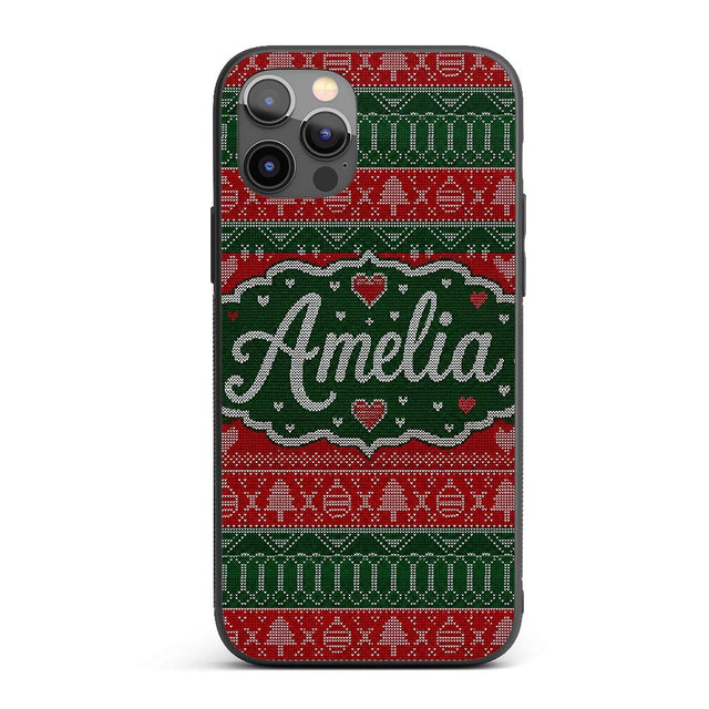 Classic Nordic Christmas Ornament Heart Stripe Custom Name Protective Phone Case Mobile Cover Durable Everyday Smartphone Shock Resistant