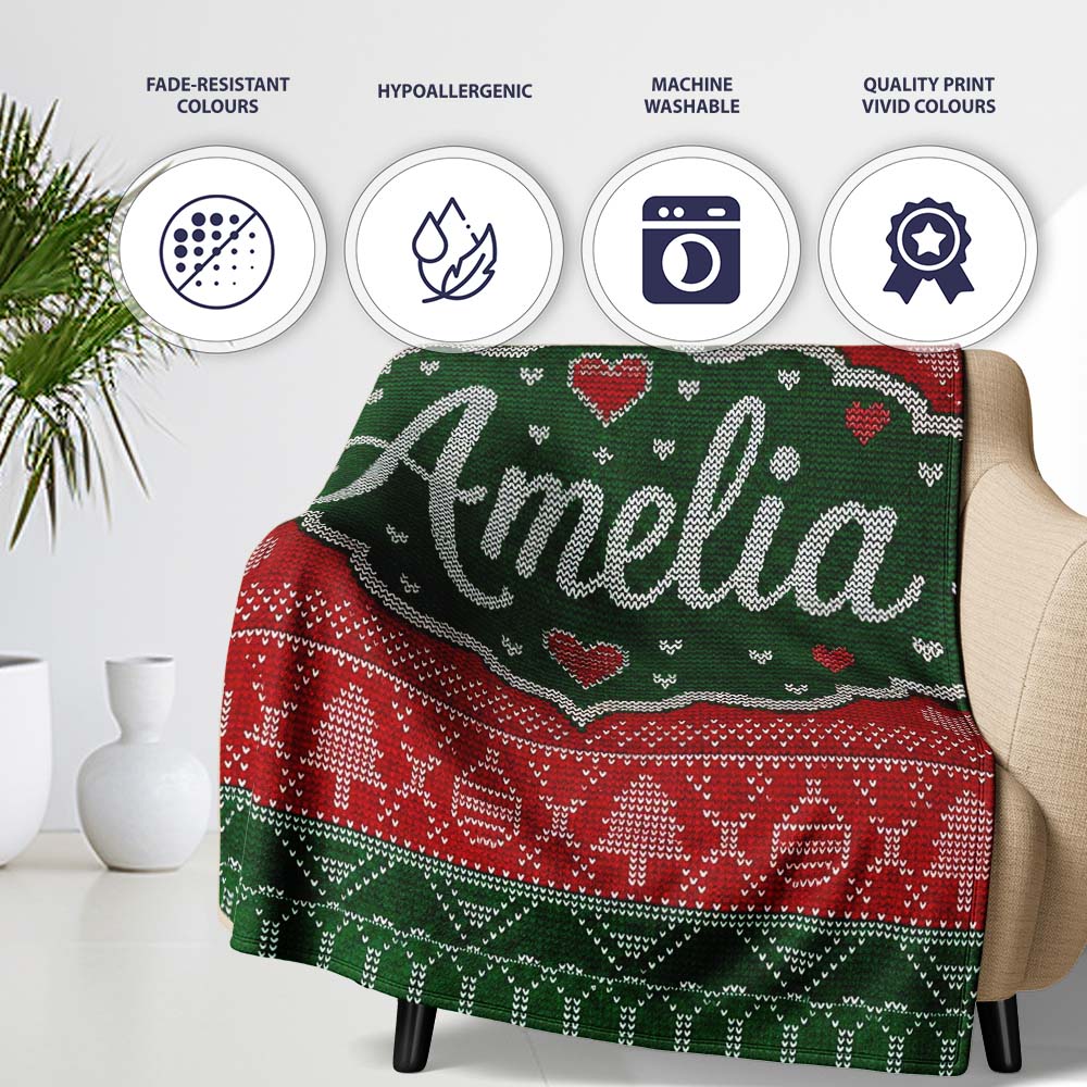 Classic Nordic Christmas Ornament Heart Stripe Knit Seamless Pattern  Personalised Custom Name Super Soft Fleece Blanket Bed Sofa Throw