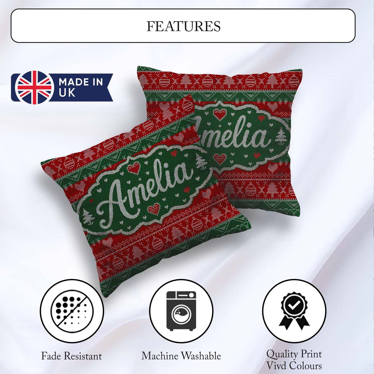 Custom Name Nordic Christmas Ornament Heart Stripe Knit Seamless Square Filled Cushion Throw Pillow Sofa Bed Home Decor Zip Washable UK Made