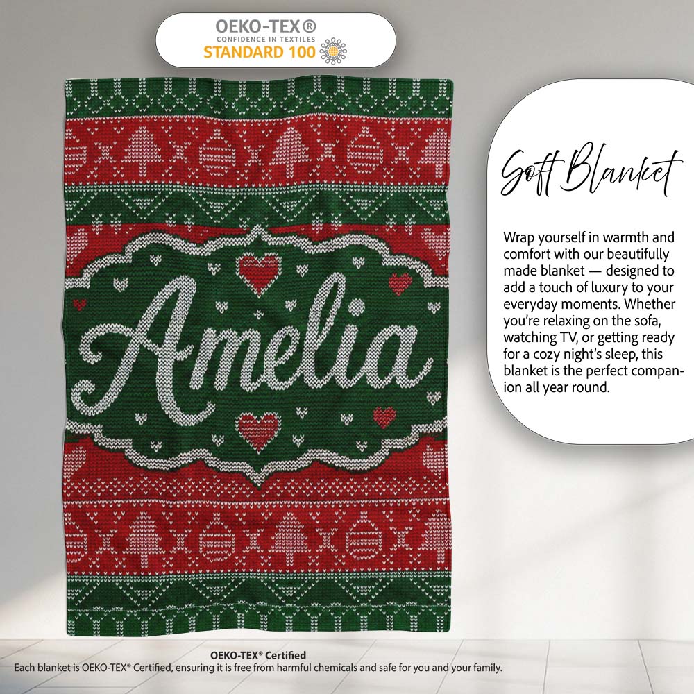 Classic Nordic Christmas Ornament Heart Stripe Knit Seamless Pattern  Personalised Custom Name Super Soft Fleece Blanket Bed Sofa Throw