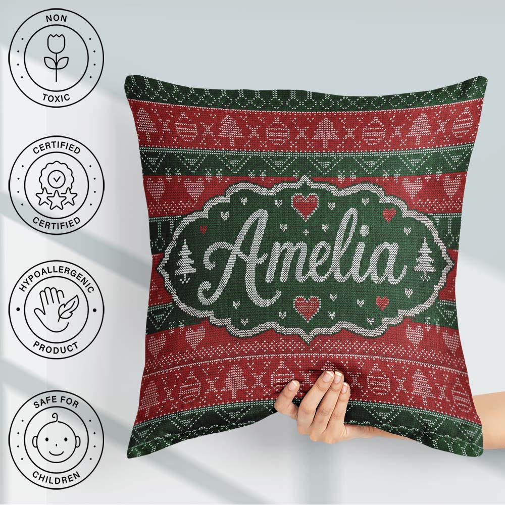 Custom Name Nordic Christmas Ornament Heart Stripe Knit Seamless Square Filled Cushion Throw Pillow Sofa Bed Home Decor Zip Washable UK Made