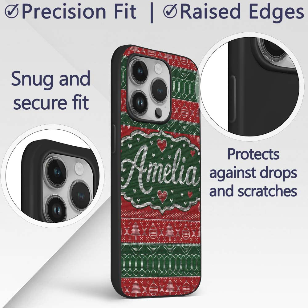 Classic Nordic Christmas Ornament Heart Stripe Custom Name Protective Phone Case Mobile Cover Durable Everyday Smartphone Shock Resistant