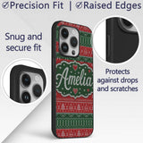 Classic Nordic Christmas Ornament Heart Stripe Custom Name Protective Phone Case Mobile Cover Durable Everyday Smartphone Shock Resistant